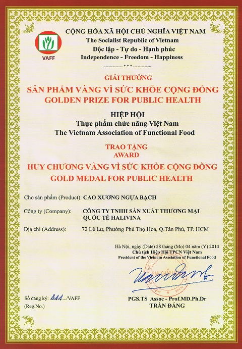 Halivina Nhận Huy Chương Vàng Vì Sức Khỏe Cộng Đồng Do Hiệp Hội TPCN Trao Tặng