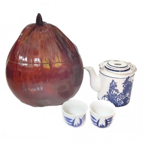 Combo Bộ Ấm Tích 400ml + 2 Chén + Trái Dừa Ủ Trà + Trà Sơn Mật Hồng Sâm 200Gr