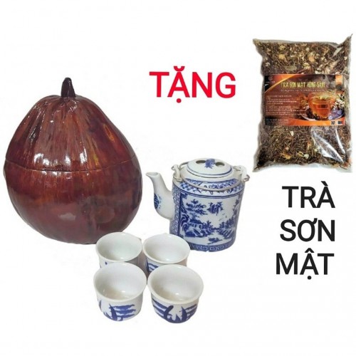 Combo Bộ Ấm Tích 600ml + 4 Chén + Trái Dừa Ủ Trà + Trà Sơn Mật Hồng Sâm 200Gr