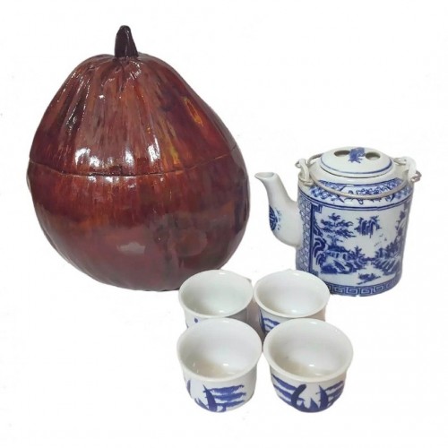 Combo Bộ Ấm Tích 600ml + 4 Chén + Trái Dừa Ủ Trà + Trà Sơn Mật Hồng Sâm 200Gr