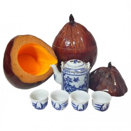 Combo Bộ Ấm Tích 600ml + 4 Chén + Trái Dừa Ủ Trà + Trà Sơn Mật Hồng Sâm 200Gr