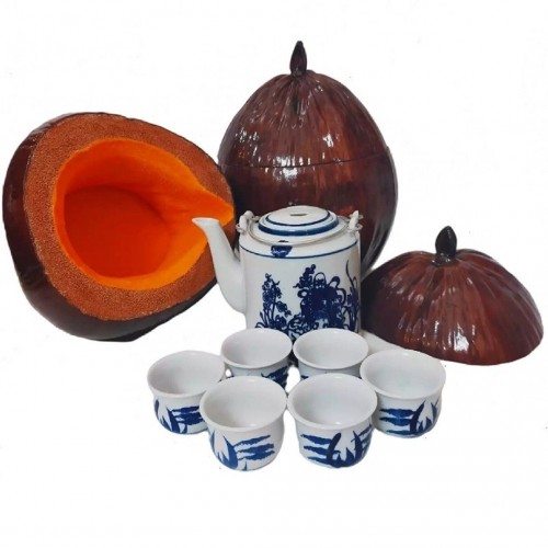 Combo Bộ Ấm Tích 800ml + 6 Chén + Trái Dừa Ủ Trà + Trà Sơn Mật Hồng Sâm 200Gr