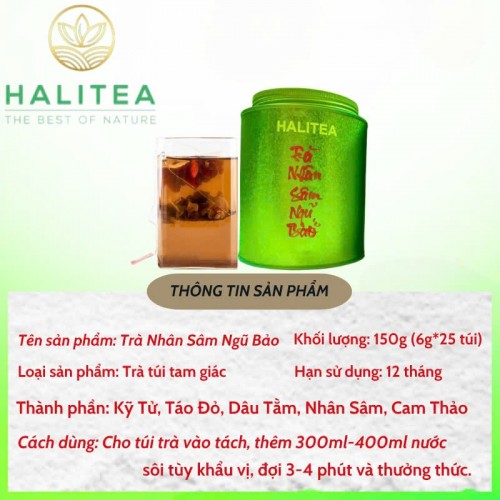 Trà Nhân Sâm Ngũ Bảo HALITEA Túi Tam Giác Hộp Thiếc 150gr/ hộp/ 25 túi 